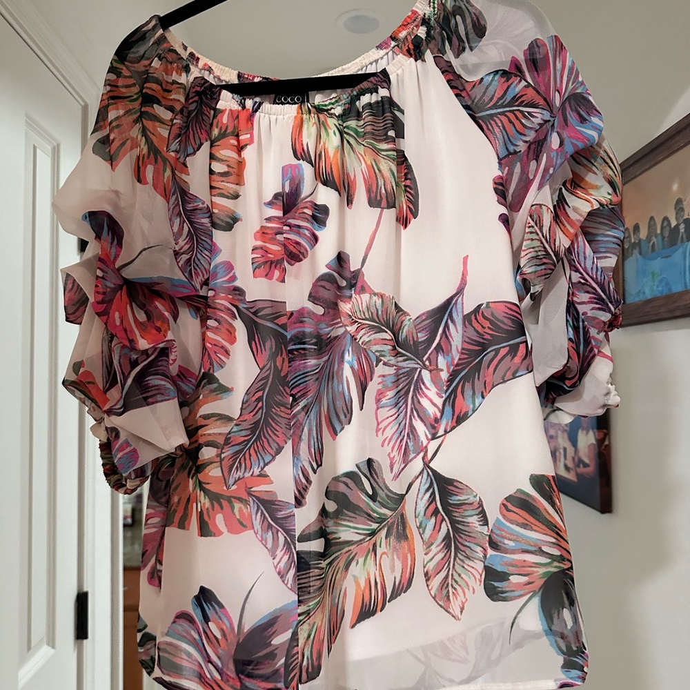 CeCe Pink and Purple Flutter Sleeve Ruffled Blouse